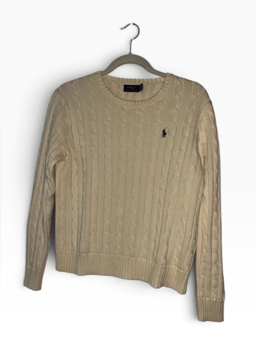 Polo Ralph Lauren Womens Cable Knit Crewneck Sweater Cream Navy Pony Size L